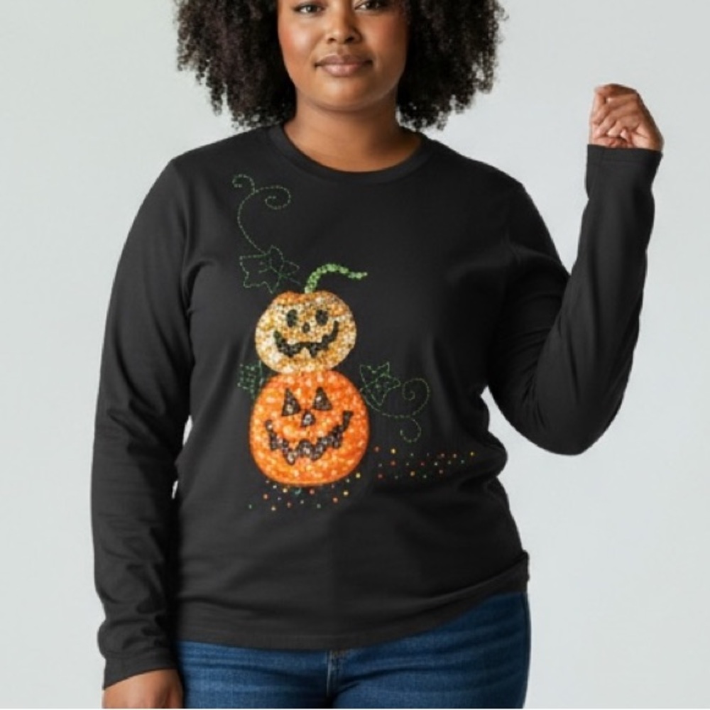Cre8tions Halloween Sequin Spooky Pumpkin Black Long Sleeve Fall Shirt Large